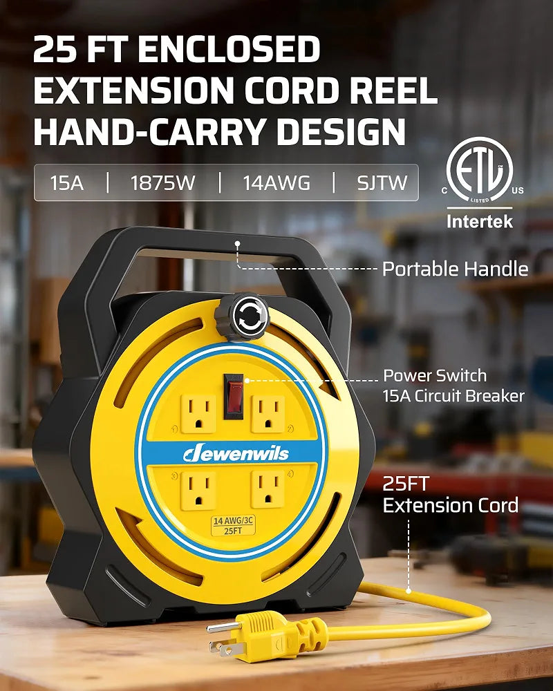 DEWENWILS 25FT Extension Cord Reel, Portable Extension Cord, 14/3 SJTW Cord