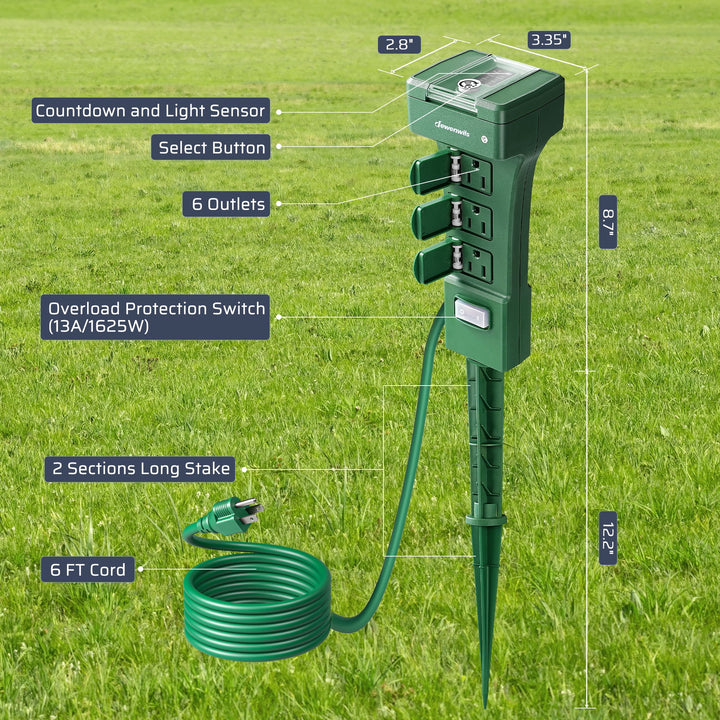 DEWENWILS Outdoor Power Stake Timer with Photocell, 6 Grounded Outlets, 6FT Extension Cord, Dusk to Dawn Timer for Christmas Lights, Halloween Decoration, Garden Lights