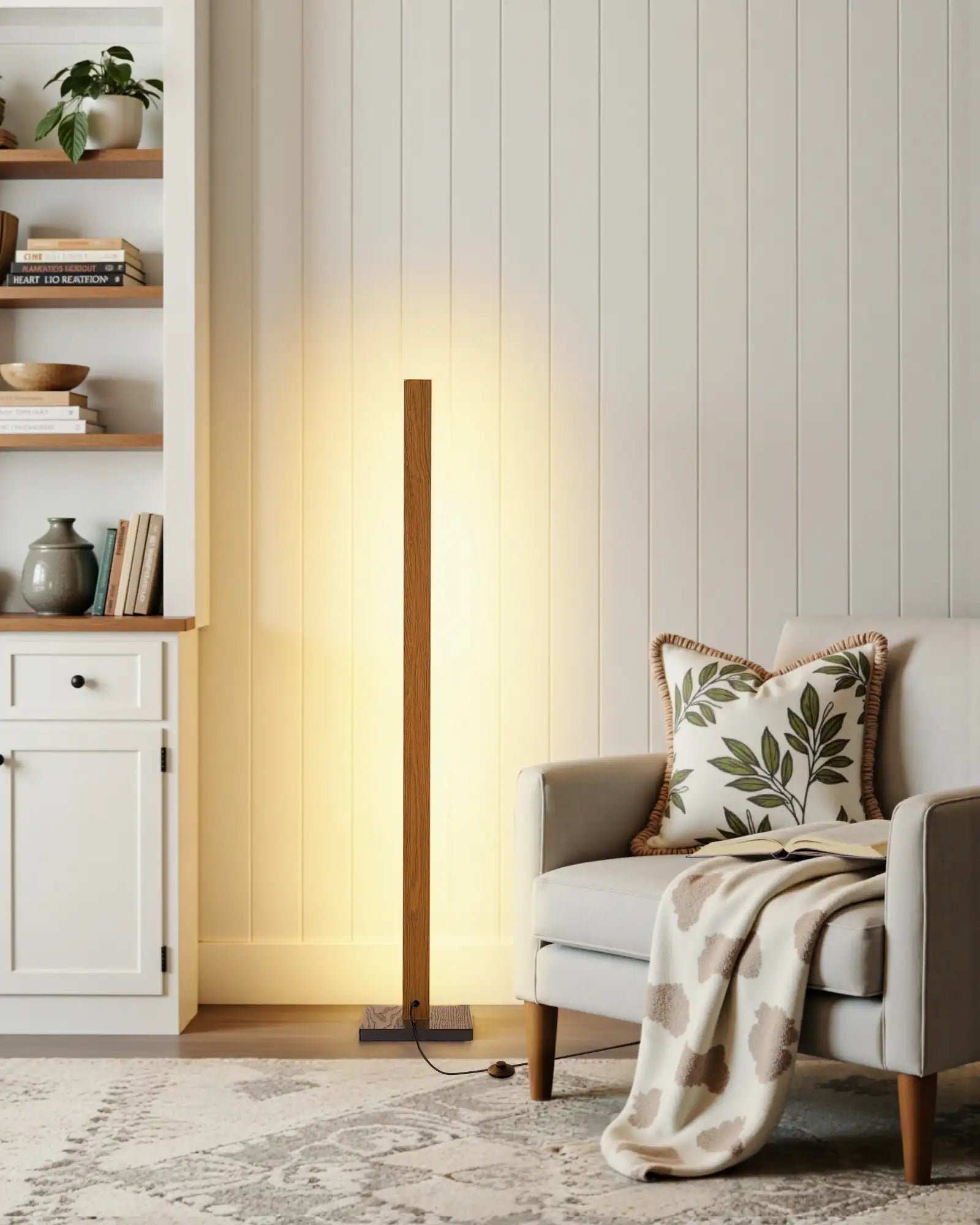 Minimalist Wooden LED Corner Floor Lamp with Remote & Stepless Dimming