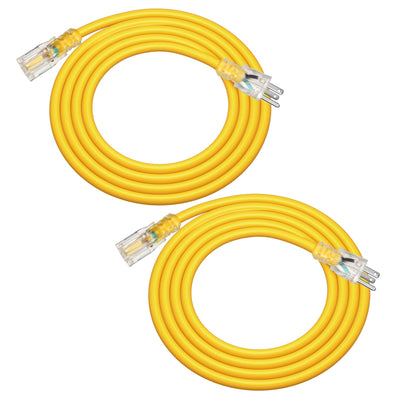 DEWENWILS 6ft 12/3 Gauge Indoor/Outdoor Extension Cord with LED Lighted End, SJTW 15 Amp/125V/1875W Yellow Outer Jacket Contractor Grade Heavy Duty Power Cable with Grounded Plug (2 Pack)-HNCY06B