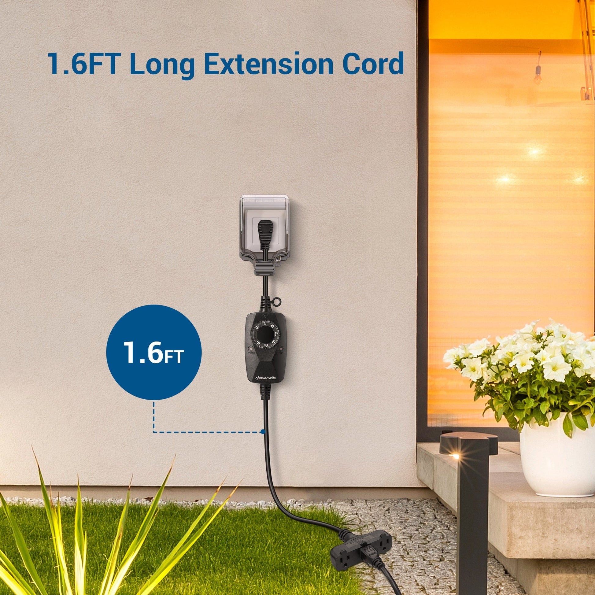 Outdoor Light Timer: Features a 1.6FT long extension cord. Offers flexible placement and heavy-duty power for convenient outdoor lighting and device control.