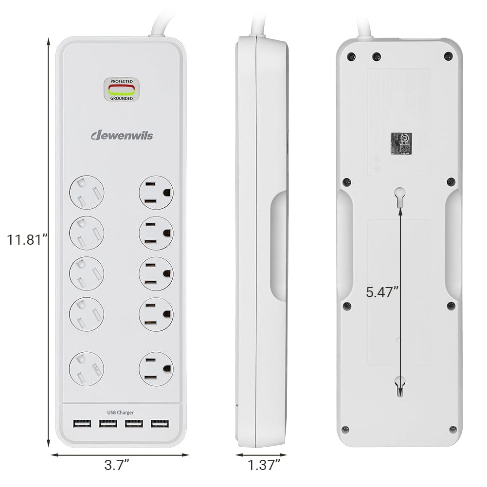 DEWENWILS 10-Outlet Surge Protector Power Strip with 4 USB Ports, 15FT Long Extension Cord, Right Angle Flat Plug, 2480J Surge Rating 15AMP Circuit Breaker, Wall Mountable, White-HOU104H