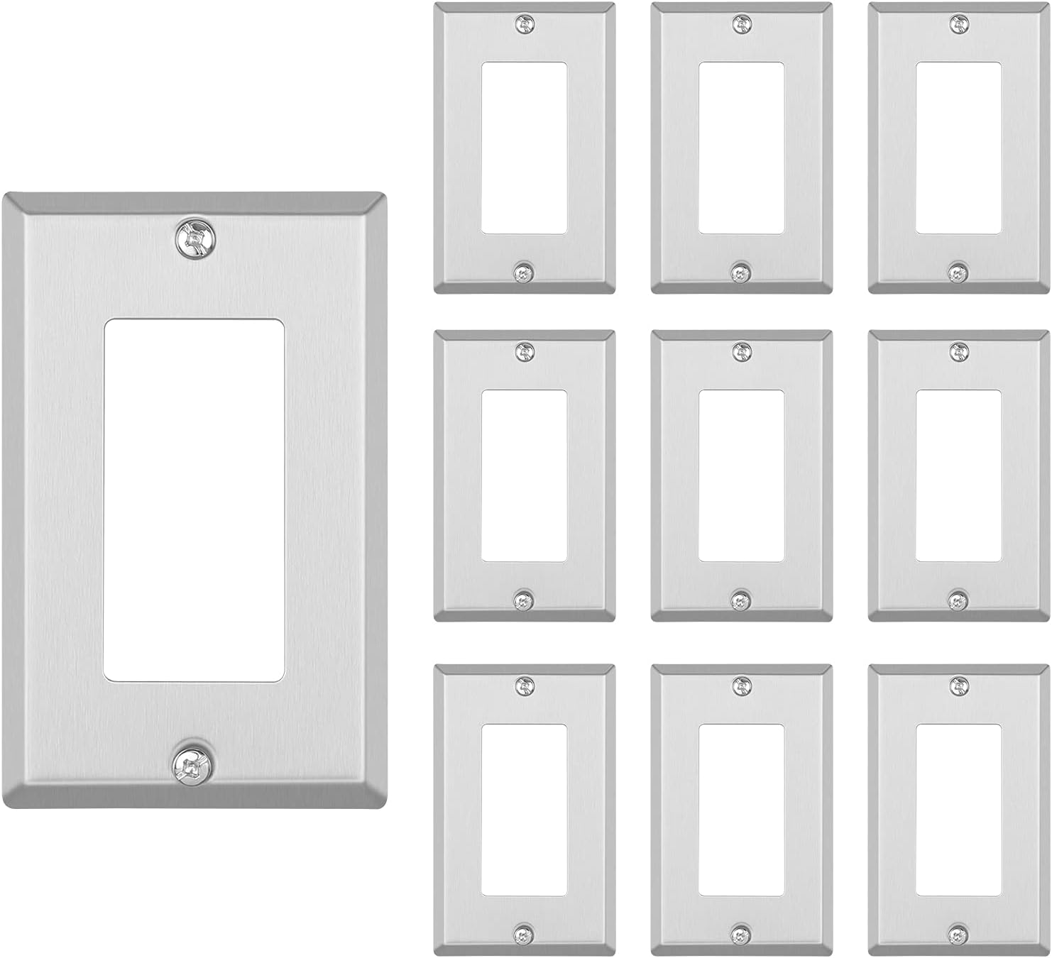 DEWENWILS Decorator Metal Wall Plate, 10-Pack Stainless Steel Outlet Cover for Receptacle, Dimmer Switch, Corrosion Resistant, Brushed Finish, Silver-HMWP01J
