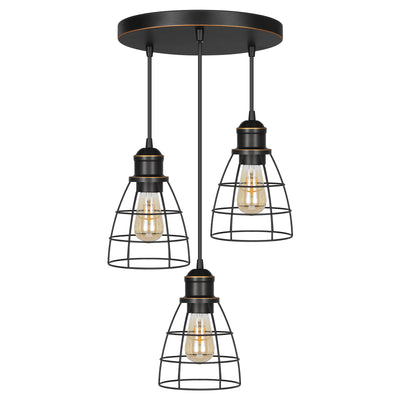 DEWENWILS Industrial 3-Light Pendant Lighting, Adjustable Hanging Light Fixtures with ORB Metal Caged Shade for Kitchen Island, Dining Room, Living Room, Hotel Shop and Bar, E26 Base-HHPL07A