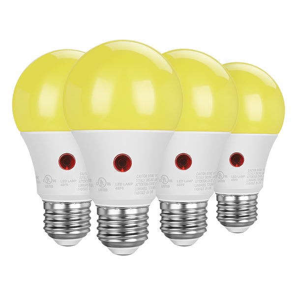DEWENWILS 4-Pack Yellow Outdoor Light Bulbs, 2000K Amber Glow, Dusk to Dawn Sensor, A19 Yellow Light Bulbs, 9W(60W Equivalent), 600LM, E26 Medium Screw Base, LED Security Bulbs for Porch-HLBA19E