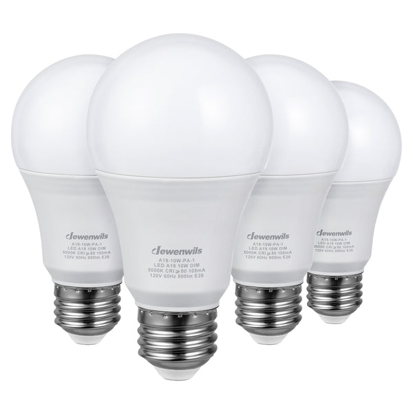DEWENWILS 4-Pack A19 Dimmable LED Light Bulbs,10-Watt(60W Equivalent), 5000K Daylight, 800-Lumen, E26 Dim Light Bulb-HDLA19D