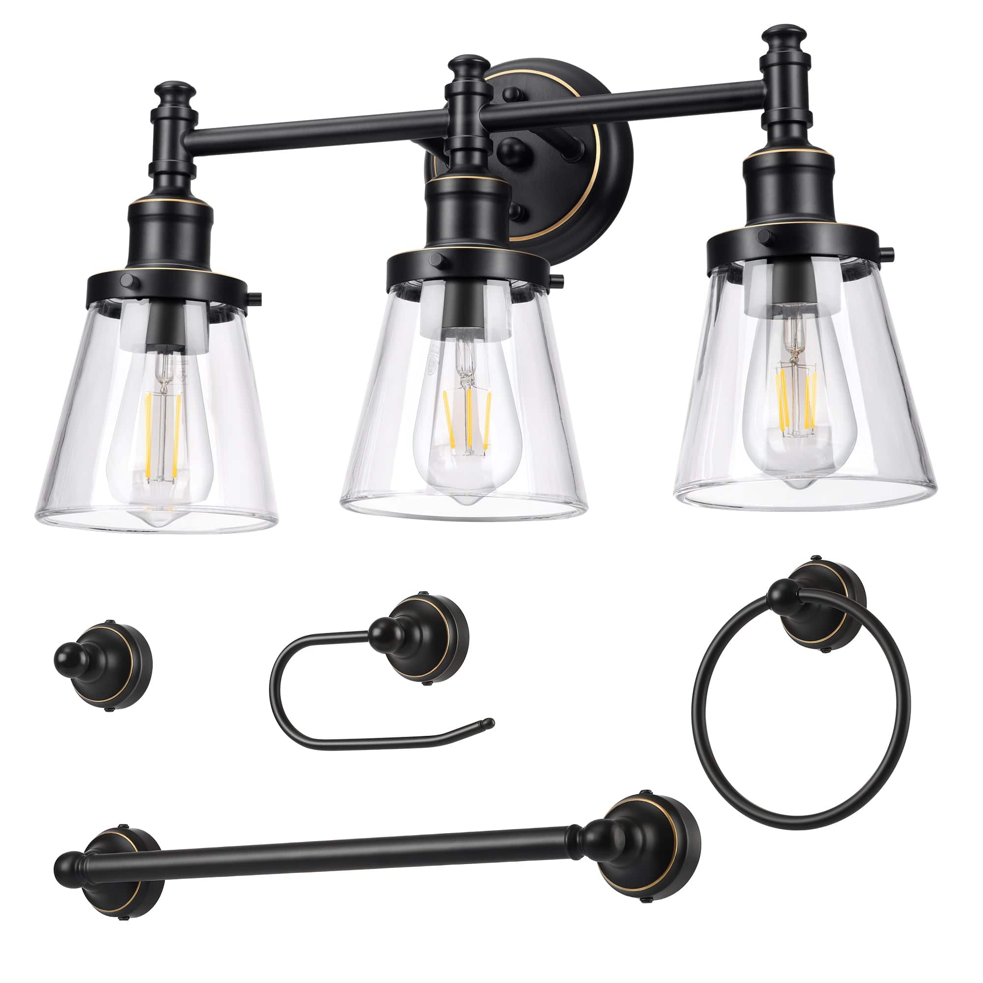 DEWENWILS 3-Light Bathroom Vanity Light Fixtures, 5-Piece All-in-One Bathroom Set, Vanity Lights with Clear Glass Shades, Towel Bar, Towel Ring, Robe Hook, Toilet Paper Holder-HHVL01D