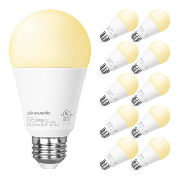 DEWENWILS 10-Pack Dimmable A19 LED Light Bulb,1600LM, 2700K Soft Warm Light Bulb, Energy Saving 100W Equivalent, E26 Medium Screw Base-HDLA19L