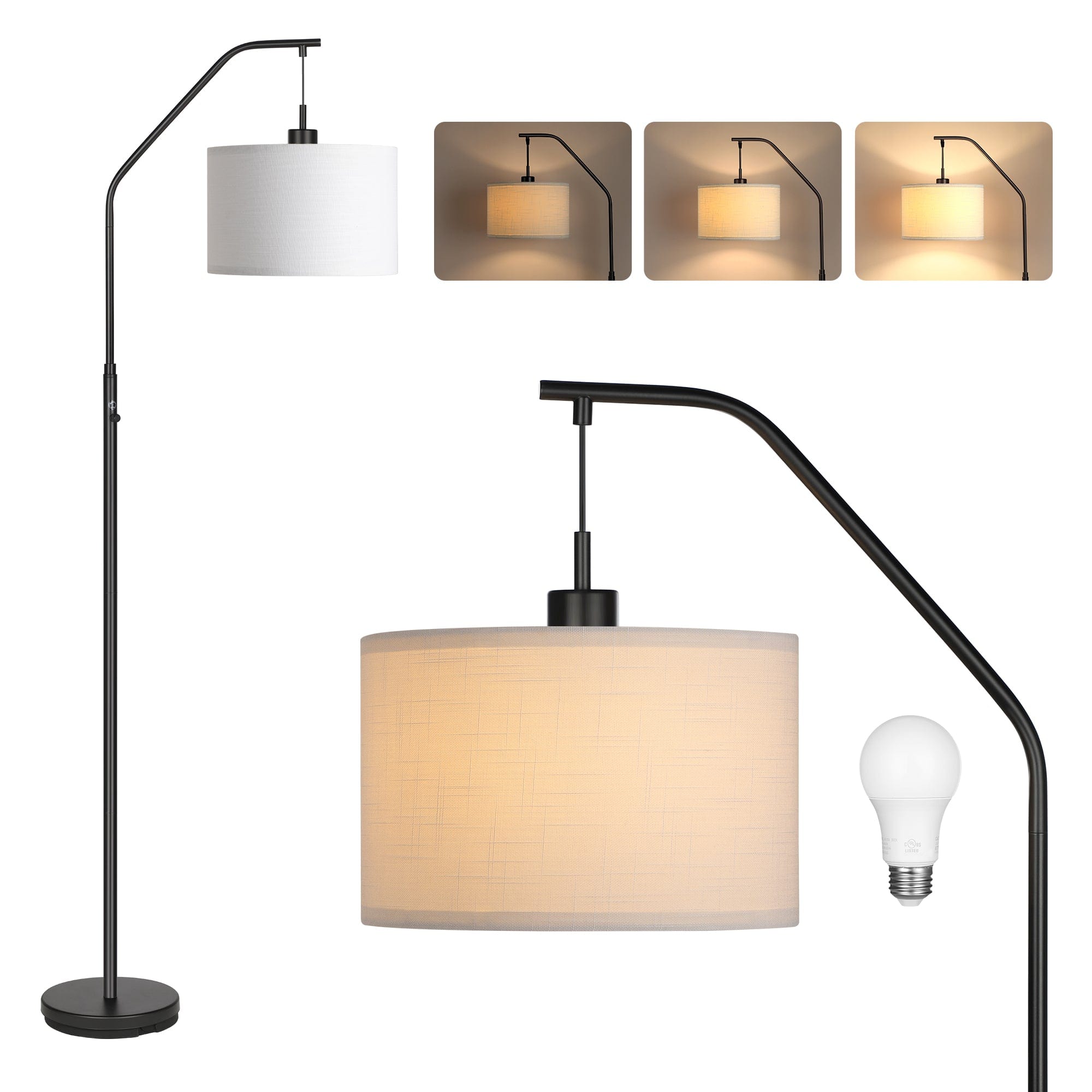 DEWENWILS Black Arched Floor Lamp, Stepless Dimmable Corner Light with Hanging Lampshade, Standing Tall Arc Lamp for Living Room, Bedroom, Office, 10W 3000K LED Bulb Included (Black)-HLFL04D1