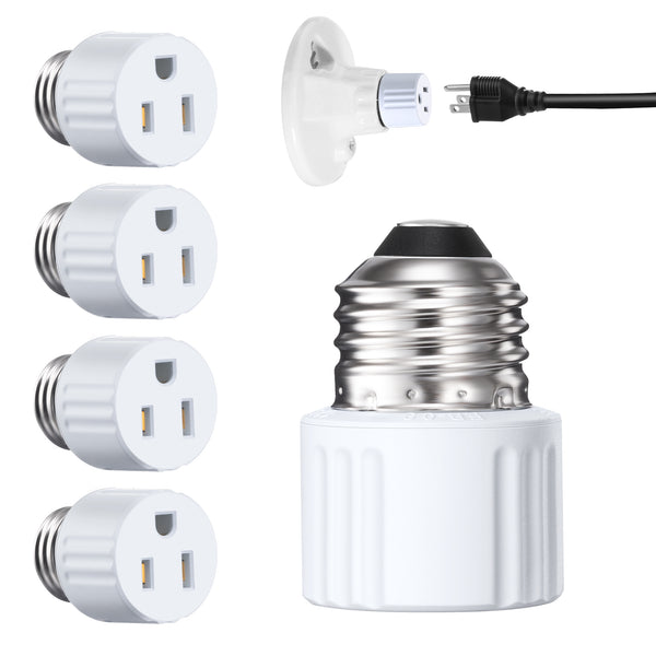 DEWENWILS Light Socket to Plug Adapter 3 Prong, E26/E27 Light Bulb Outlet Socket Adapter, 2 & 3 Prong Plug Adapter, Light Socket Adapter for Porch Patio Garage (4 Pack)-HLSC04A