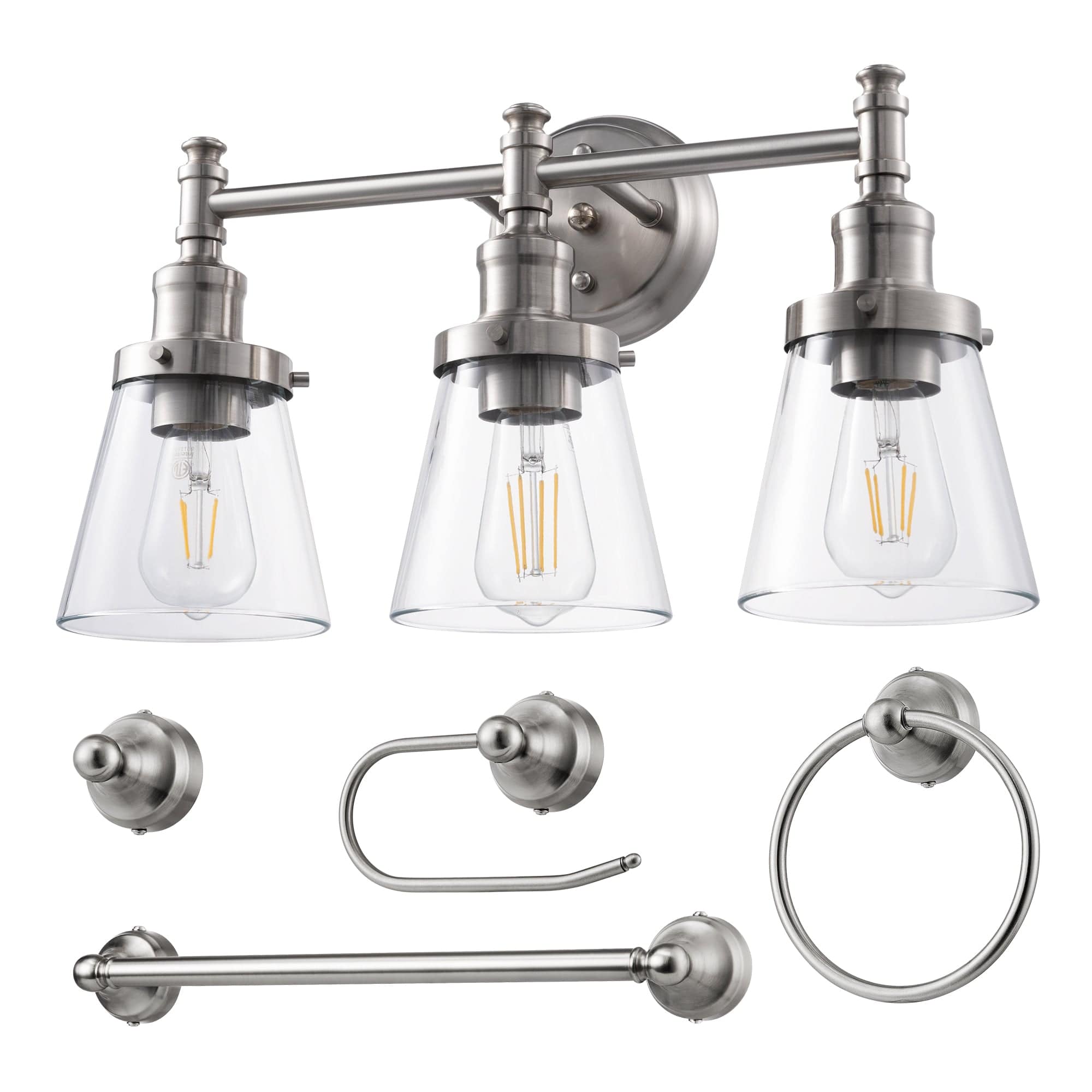 DEWENWILS Bathroom Light Fixtures, 5-Piece All-in-One Bathroom Light Set, 3 Light Brushed Nickel Bathroom Vanity Light with Glass Shades, Towel Bar, Towel Ring, Robe Hook, Toilet Paper Holder-HHVL01E
