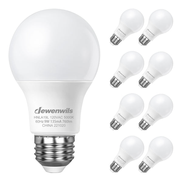 DEWENWILS 8-Pack A19 LED Light Bulb, 760LM, 5000K Daylight LED Light Bulbs, 9 Watt(60 Watt Equivalent), E26 Medium Screw Base, Non Dimmable-HNLA19L