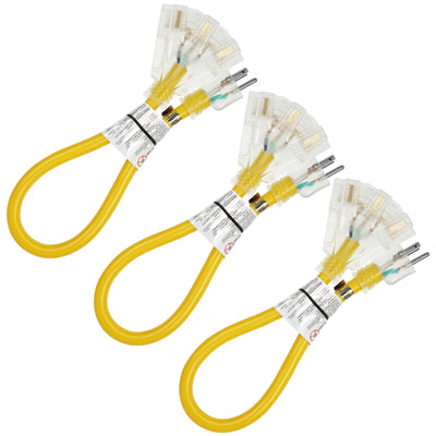 DEWENWILS 2ft Tri-Tap Extension Cord Splitter, 12/3 SJTW 15 Amp Yellow Outer Jacket Contractor Grade Heavy Duty Power Cable with LED Lighted Plug (3 Pack)-HTOY02A