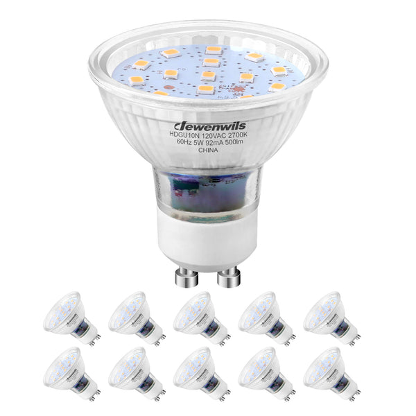 DEWENWILS Warm White Light GU10 LED Bulb Dimmable, 2700K  Two Prong Light Bulb, 5W(50W Equivalent), Track Light Bulbs for Kitchen Range Hood, Living Rroom, 120°Beam Angle, 500LM (10 Pack)-HDGU10N
