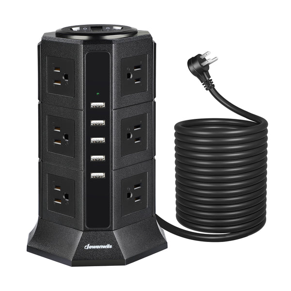 DEWENWILS 16ft 12-Outlet Power Strip Outlet Tower, Surge Protector Power Strip with 5-USB Ports, 2-Switch Control, 15A Circuit Breaker, 1500Joules-HTPS01C