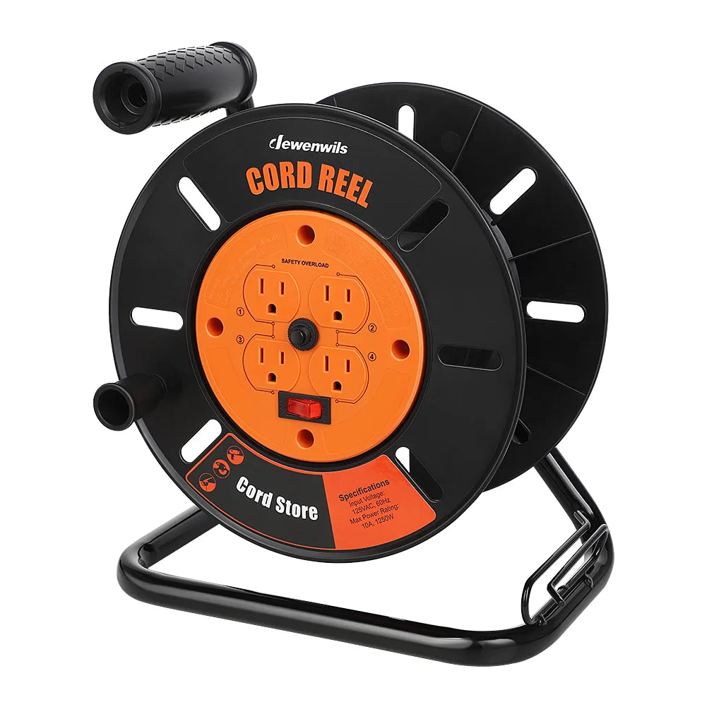 DEWENWILS Extension Cord Storage Reel with 4-Grounded Outlets, Heavy Duty Open Cord Reel for 12/3,14/3,16/3 Gauge Power Cord, Hand Wind Retractable, 15A Circuit Breaker, Rocker Power Switch-HCRB00F
