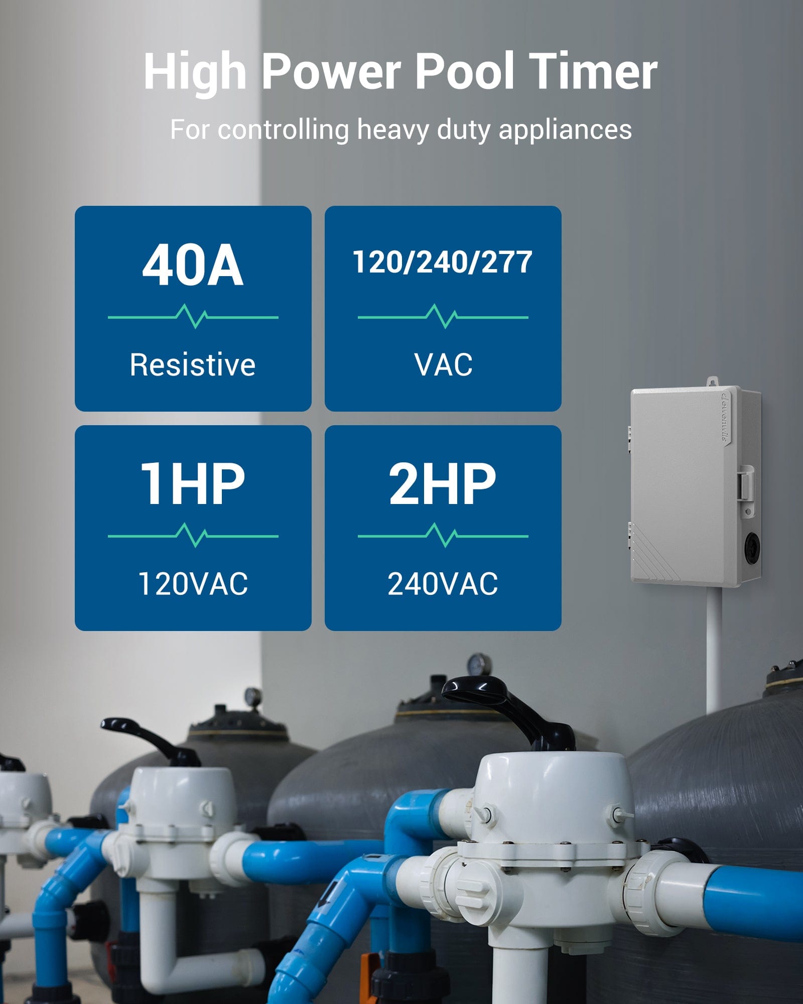 High Power Pool Timer: Heavy-duty 40A resistive load, supporting 120/240/277VAC. Ideal for appliances with 1HP @ 120VAC and 2HP @ 240VAC.