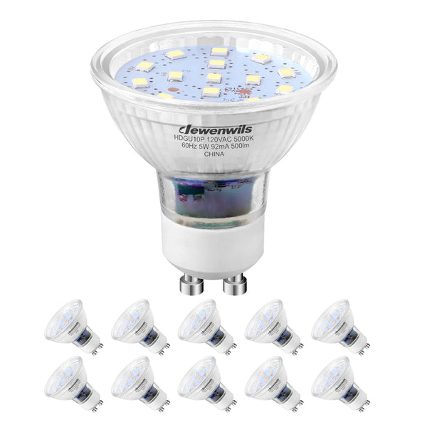 DEWENWILS GU10 LED Bulb Dimmable, 5000K Daylight White, 5W(50W Equivalent), Track Light Bulbs with 120°Beam Angle for Range Hood, Living Rroom, Bathroom, 500LM, 10 Pack-HDGU10P