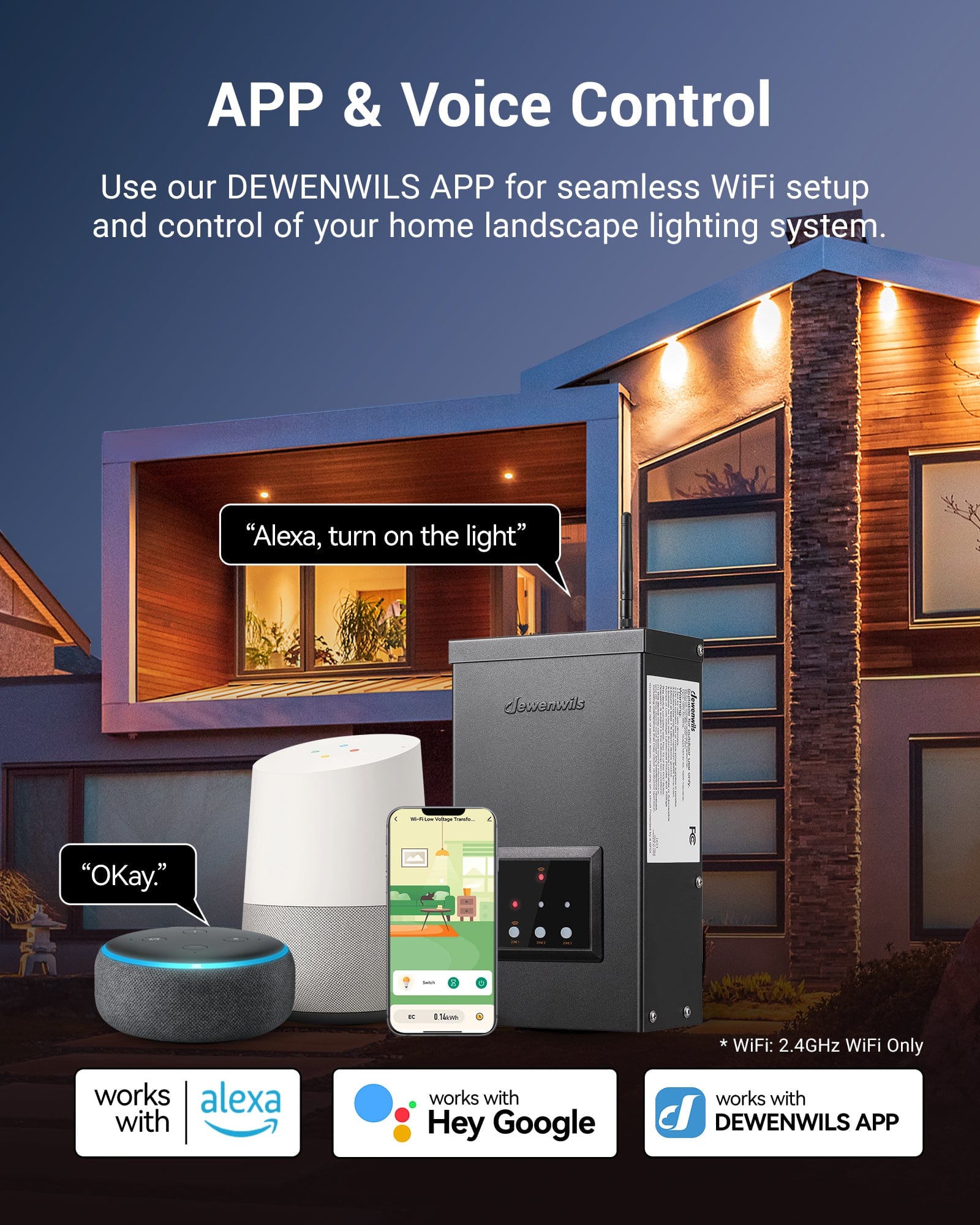 DEWENWILS 200W Low Voltage Transformer with APP & voice control for seamless WiFi setup and remote management of your home landscape lighting system