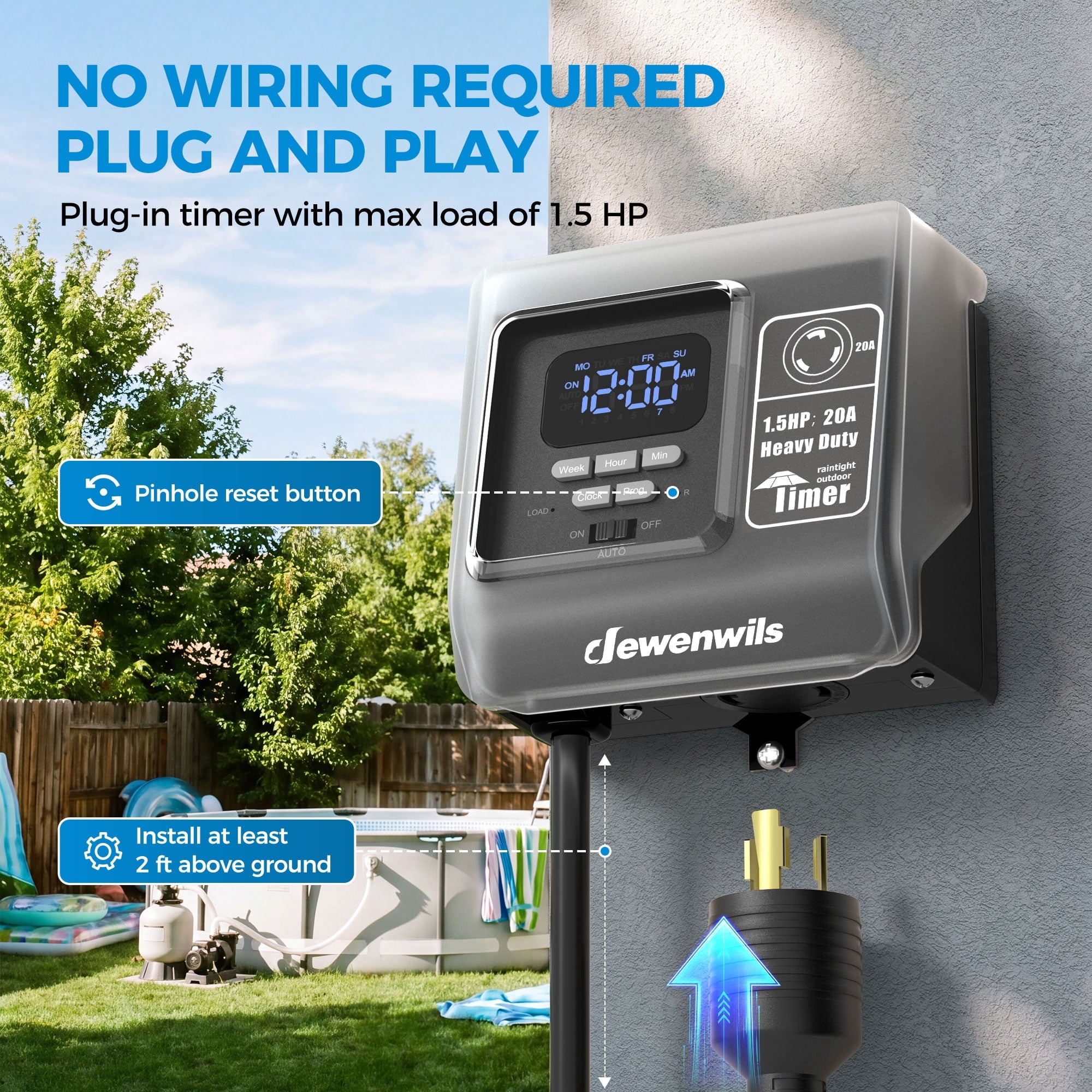 DEWENWILS Digital Pool Timer, L5-20R Twist-Lock Plug-In Outdoor Timer, 7-Day Programmable 16 ON/OFF, 20A 120V 1.5HP Heavy Duty Weatherproof Timer for Pool Pumps, Heaters & Lights