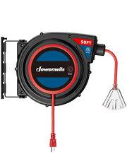 DEWENWILS 14/3 AWG SJTOW Red Automatic Retractable Extension Cord Reel with Overload Protection & Illuminated End - 50ft Output, ETL Certified