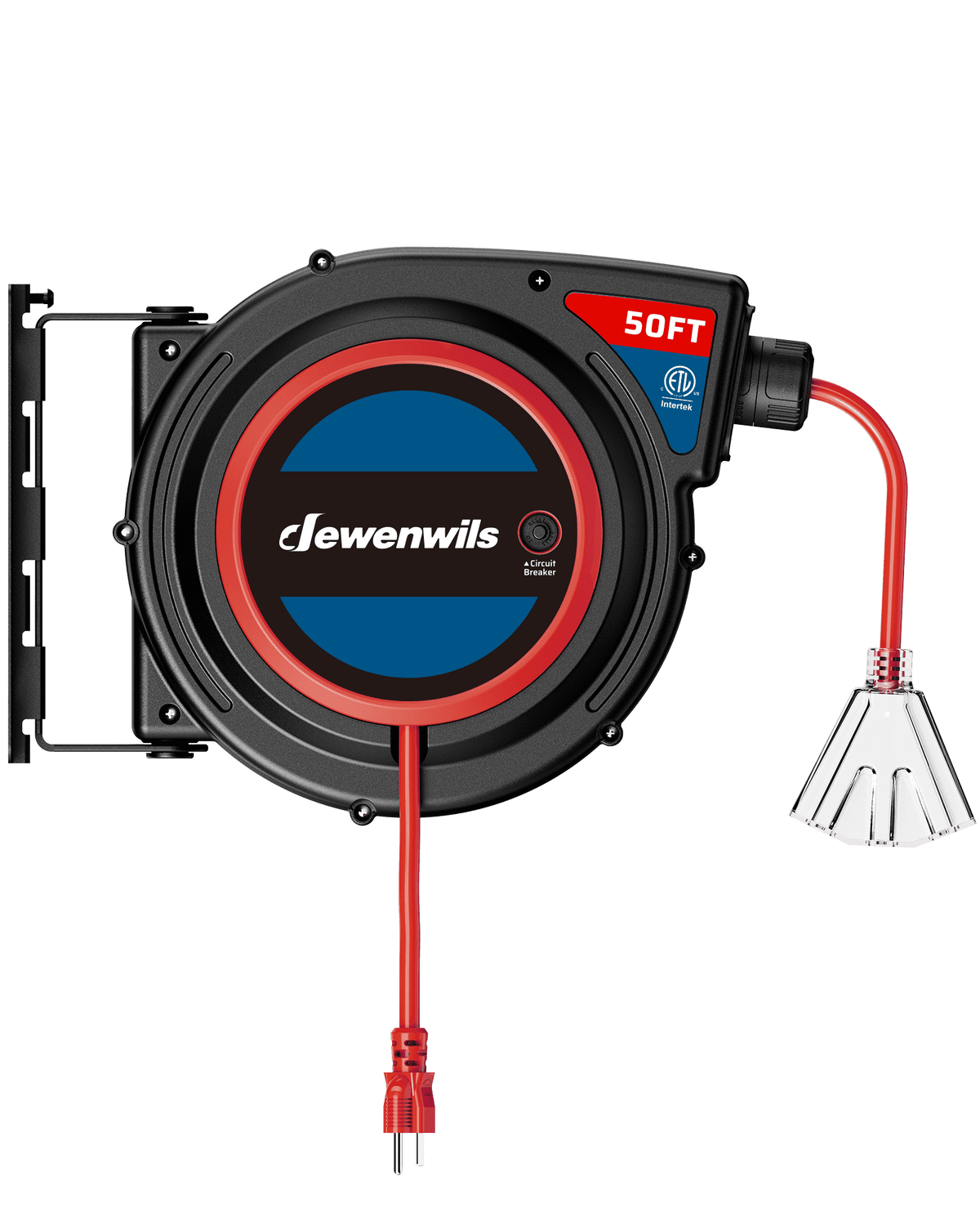 DEWENWILS 14/3 AWG SJTOW Red Automatic Retractable Extension Cord Reel with Overload Protection & Illuminated End - 50ft Output, ETL Certified