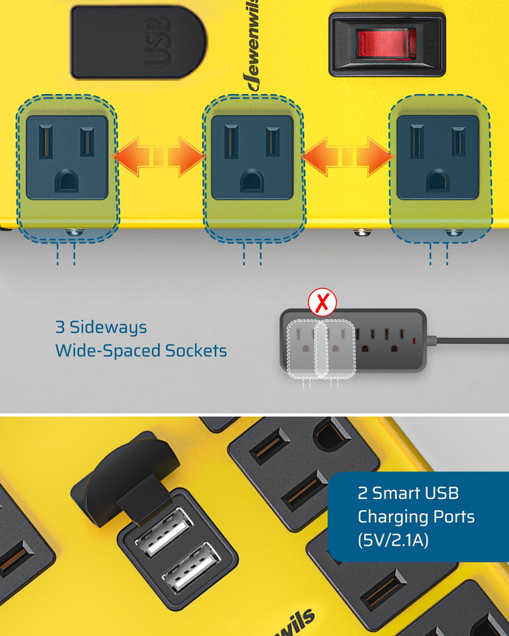 8-Outlet Surge Protector Power Strip with 2 USB Ports (2.1A Each) - 1440J Surge Protection, Circuit Breaker, 6FT Heavy Duty SJT 14/3C Cord, Flat Plug, 120V AC/5V DC Power Strip for Home