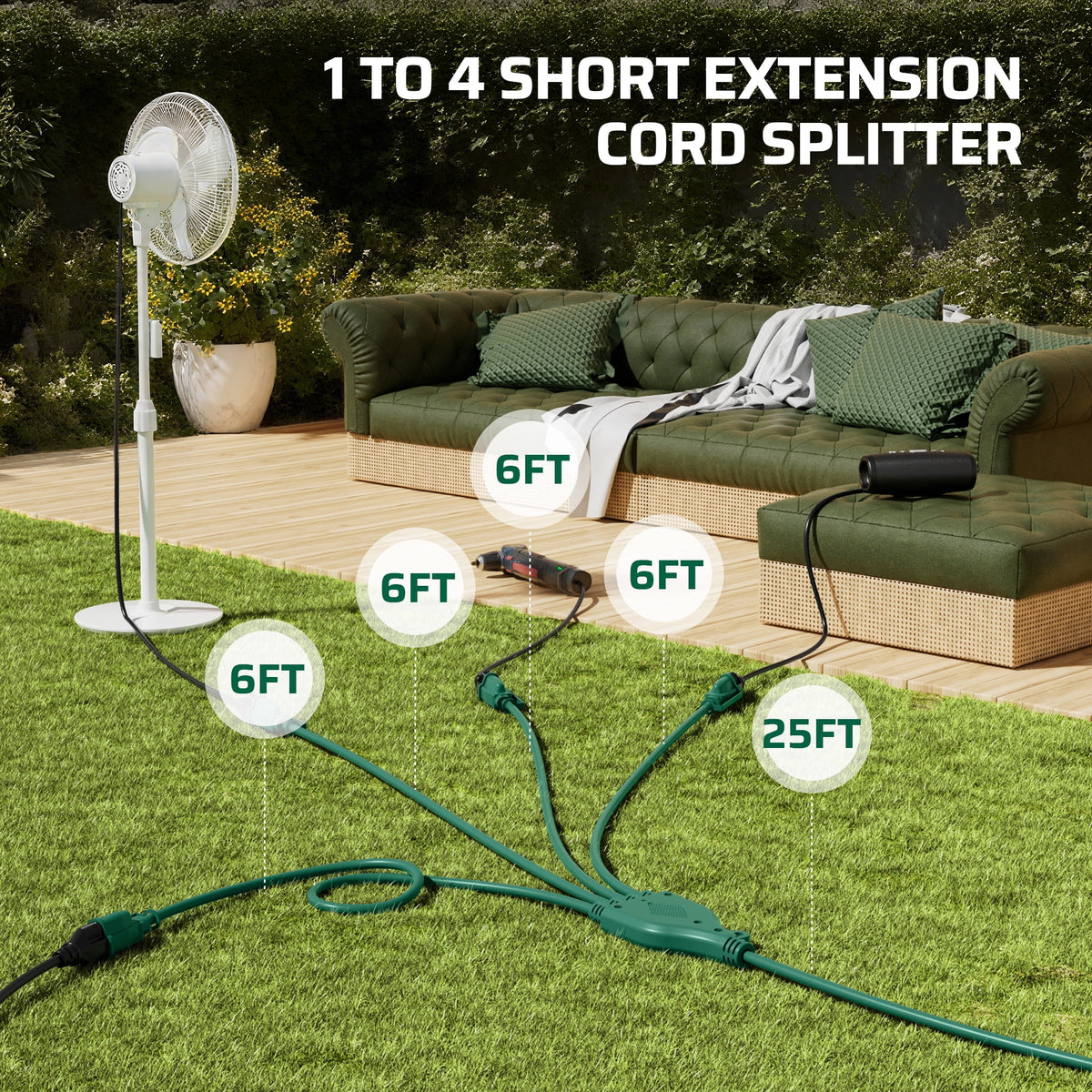 DEWENWILS 49FT (25'+6'+6'+6'+6') Outdoor Extension Cord for Christmas Lights with 4 Outlets 3 Prong 16 AWG SJTW Safety Cover