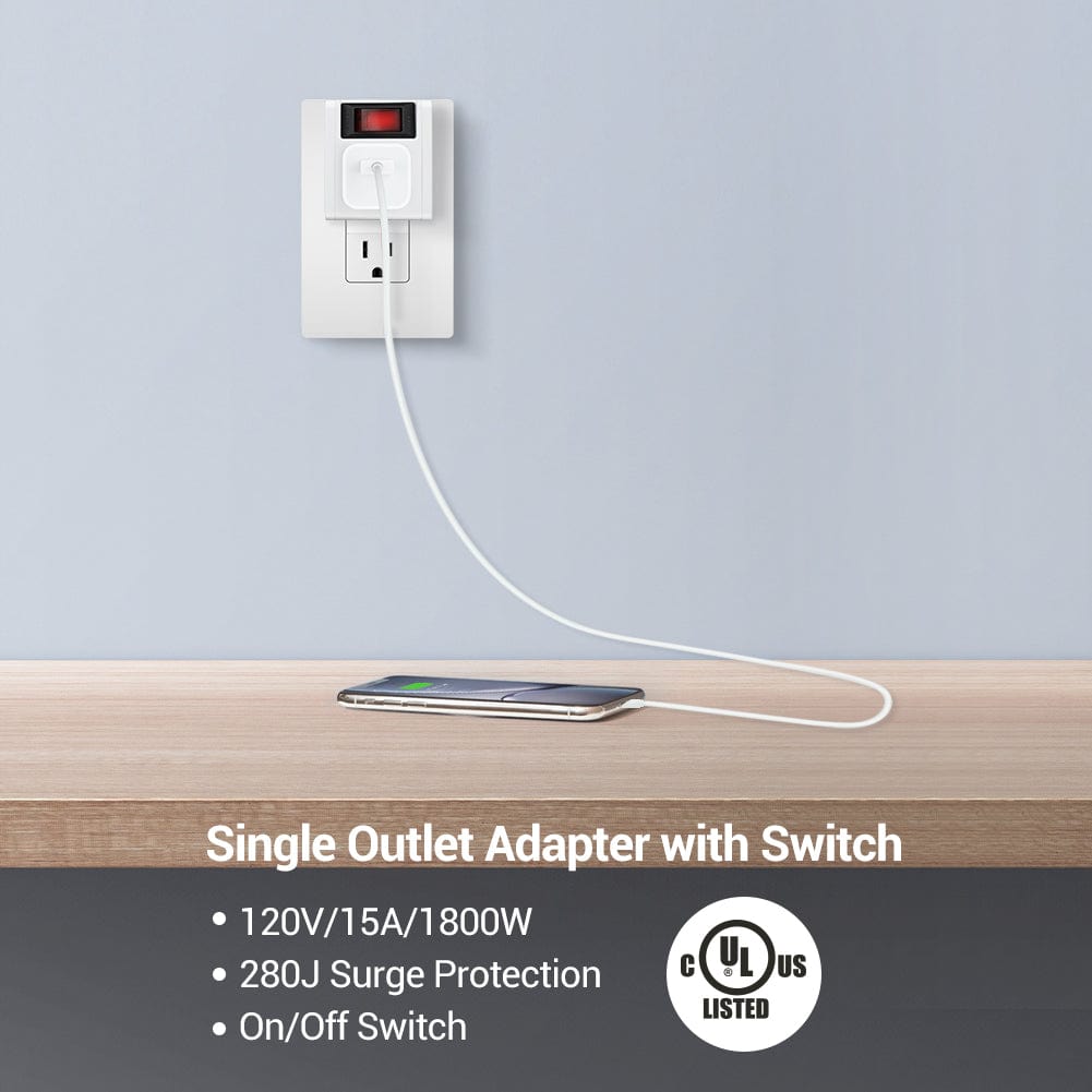 3 Prong Grounded Single Port Power Adapter for Outlet: single outlet adapter with switch, 120V/15A/1800W rating, 280J surge protection, and UL-listed grounded design for safe and reliable use