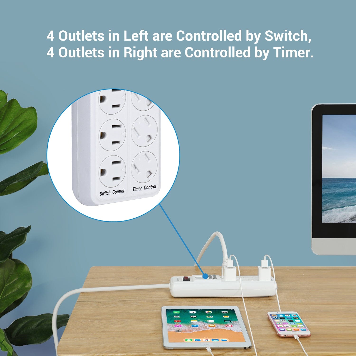 Power Strip with Timer: Provides 4 switch-controlled outlets on the left and 4 timer-controlled outlets on the right for flexible device management