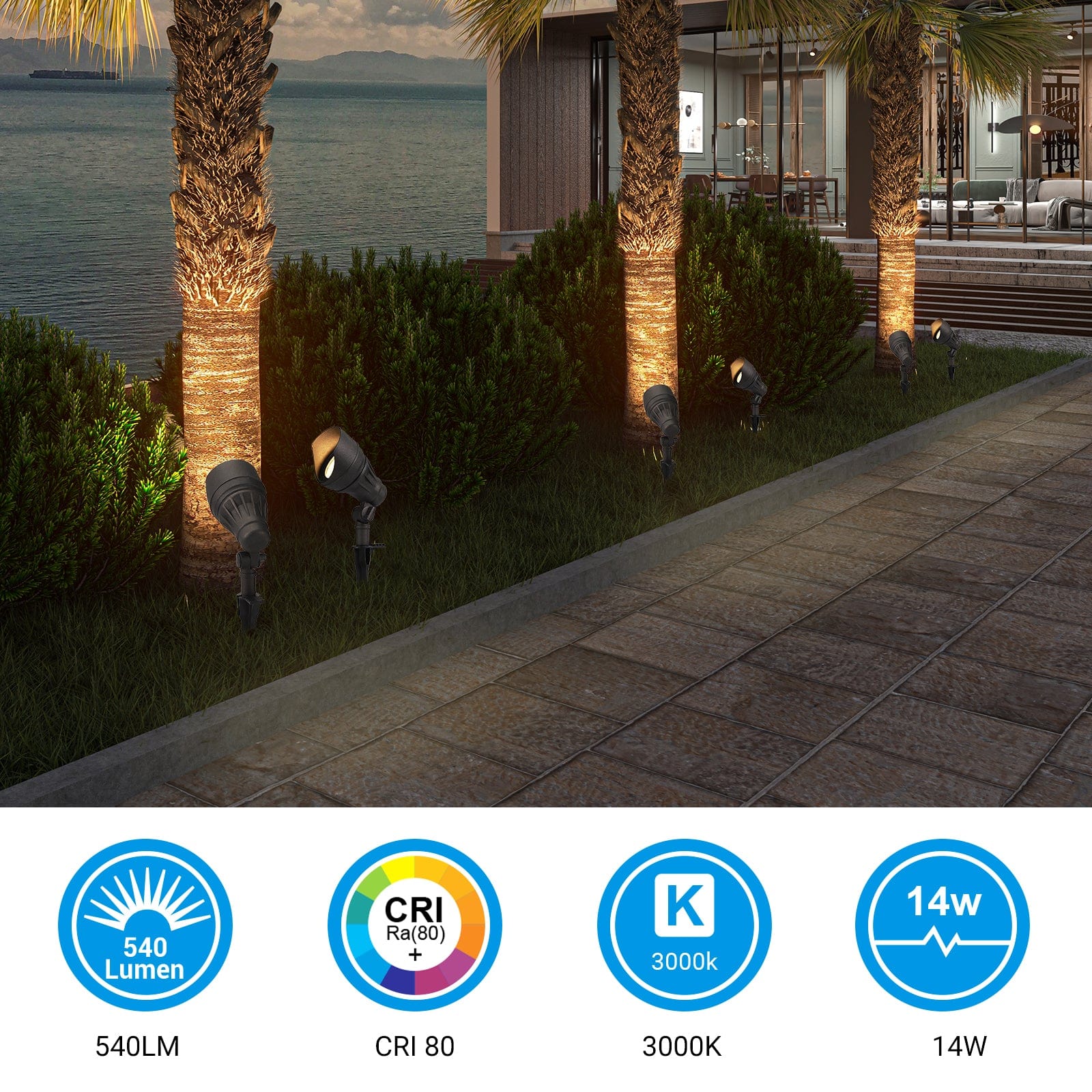 Outdoor Spotlight: 540LM brightness with CRI 80 and warm 3000K light, powered by 14W for efficient and reliable landscape illumination.