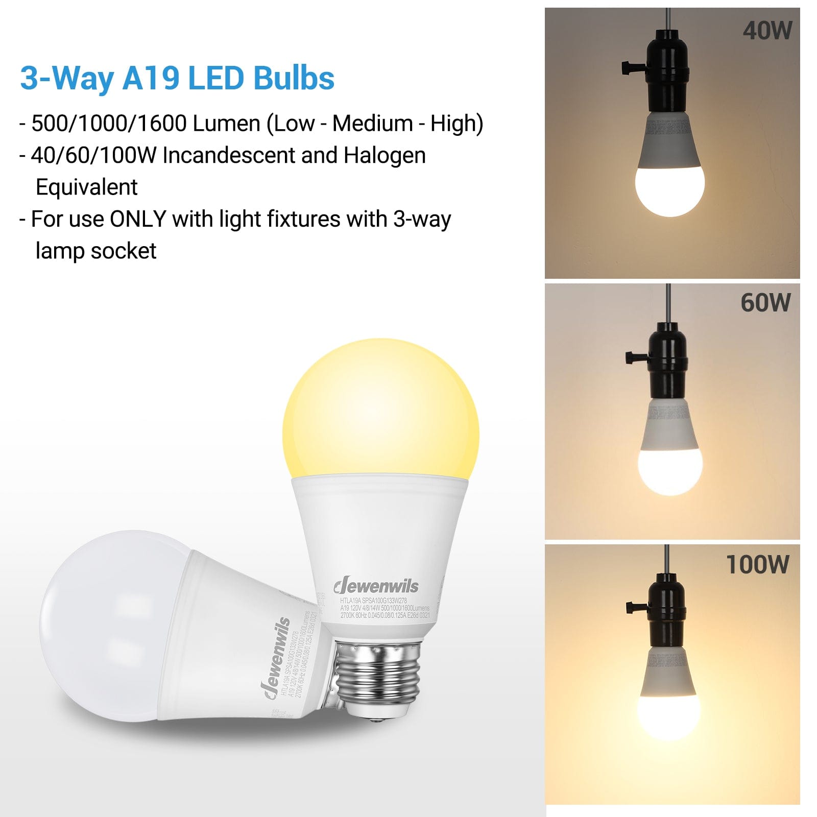 DEWENWILS 3-Way LED Light Bulbs, 40/60/100W Equivalent, A19 LED Bulbs ...