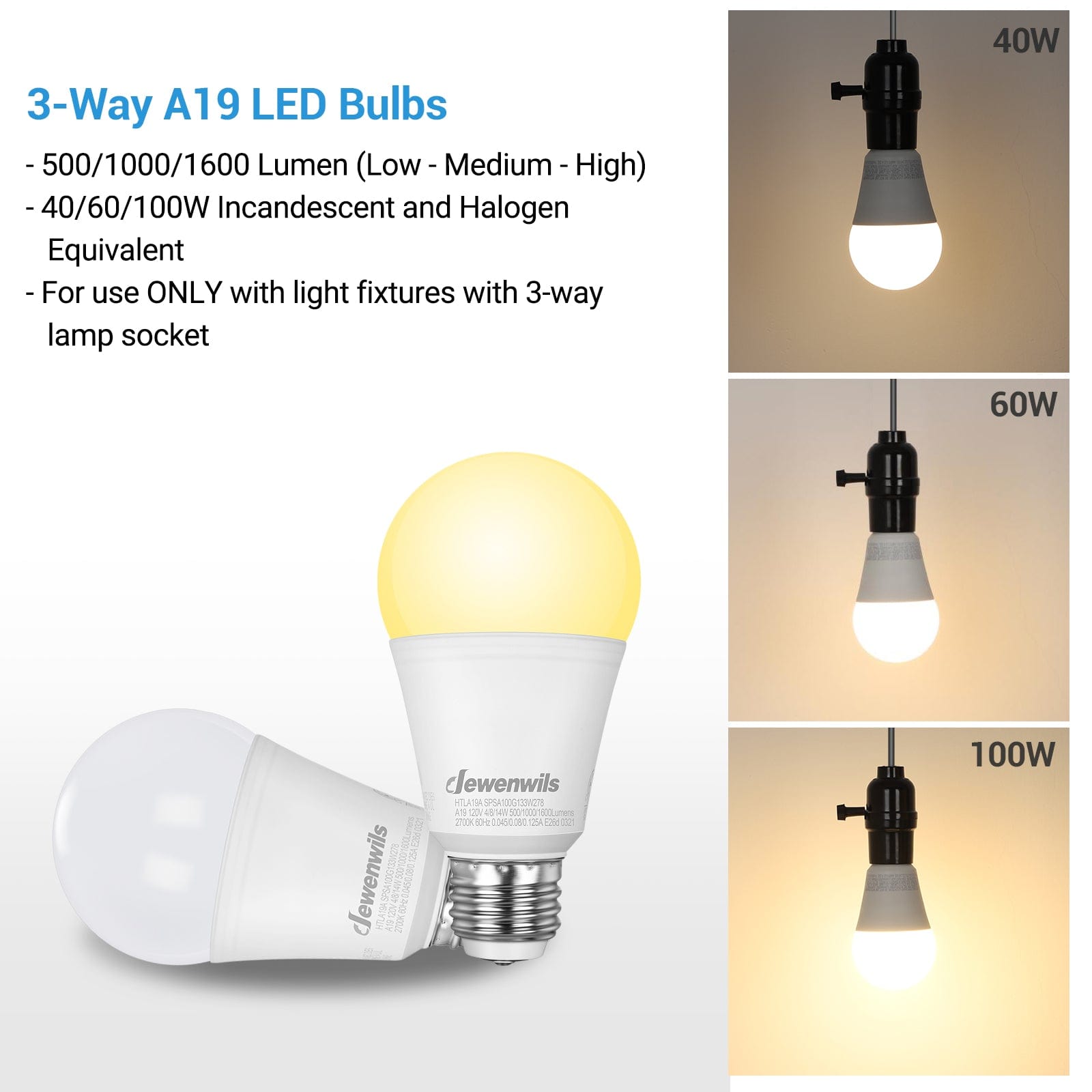 DEWENWILS 3-Way LED Light Bulbs, 40/60/100W Equivalent, A19 LED Bulbs, 2700K Warm White Glow, E26 Medium Base, 500/1000/1600LM Bright Light Bulbs, Non-dimmable (4-Pack)-HTLA19A