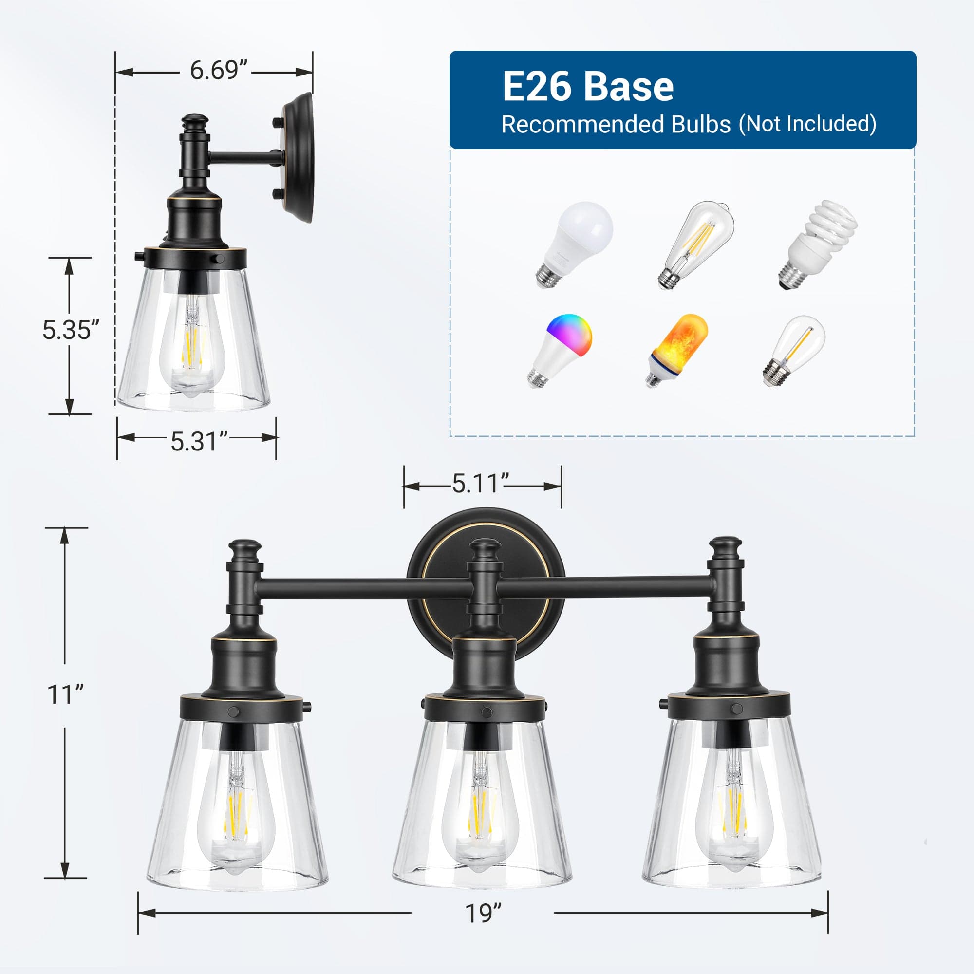 DEWENWILS 3-Light Bathroom Vanity Light Fixtures, 5-Piece All-in-One Bathroom Set, Vanity Lights with Clear Glass Shades, Towel Bar, Towel Ring, Robe Hook, Toilet Paper Holder-HHVL01D