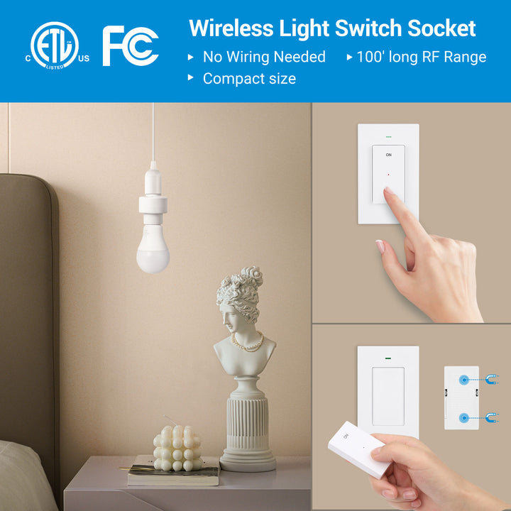 Generic DEWENWILS Remote Control Light Socket, 1 Wall Mounted Switch and 2  Bulb Base, No Wiring