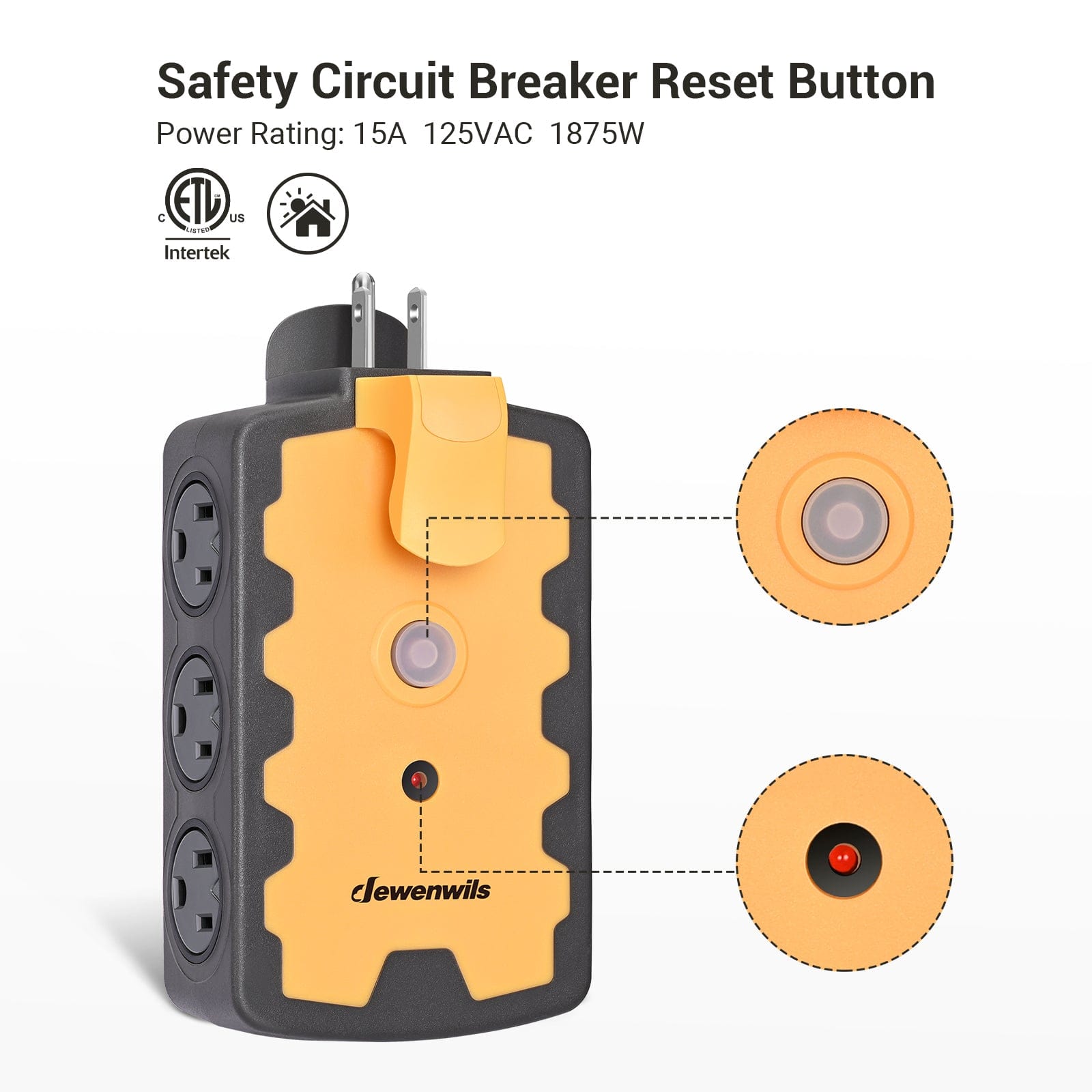 DEWENWILS 6-Outlet Extension Cord Plug Adapter, 3-Prong Grounded Multi-Plug Extender for Indoor Outdoor Extension Cords, 15Amp Circuit Breaker, Swivel Safety Covers-HEPA02B