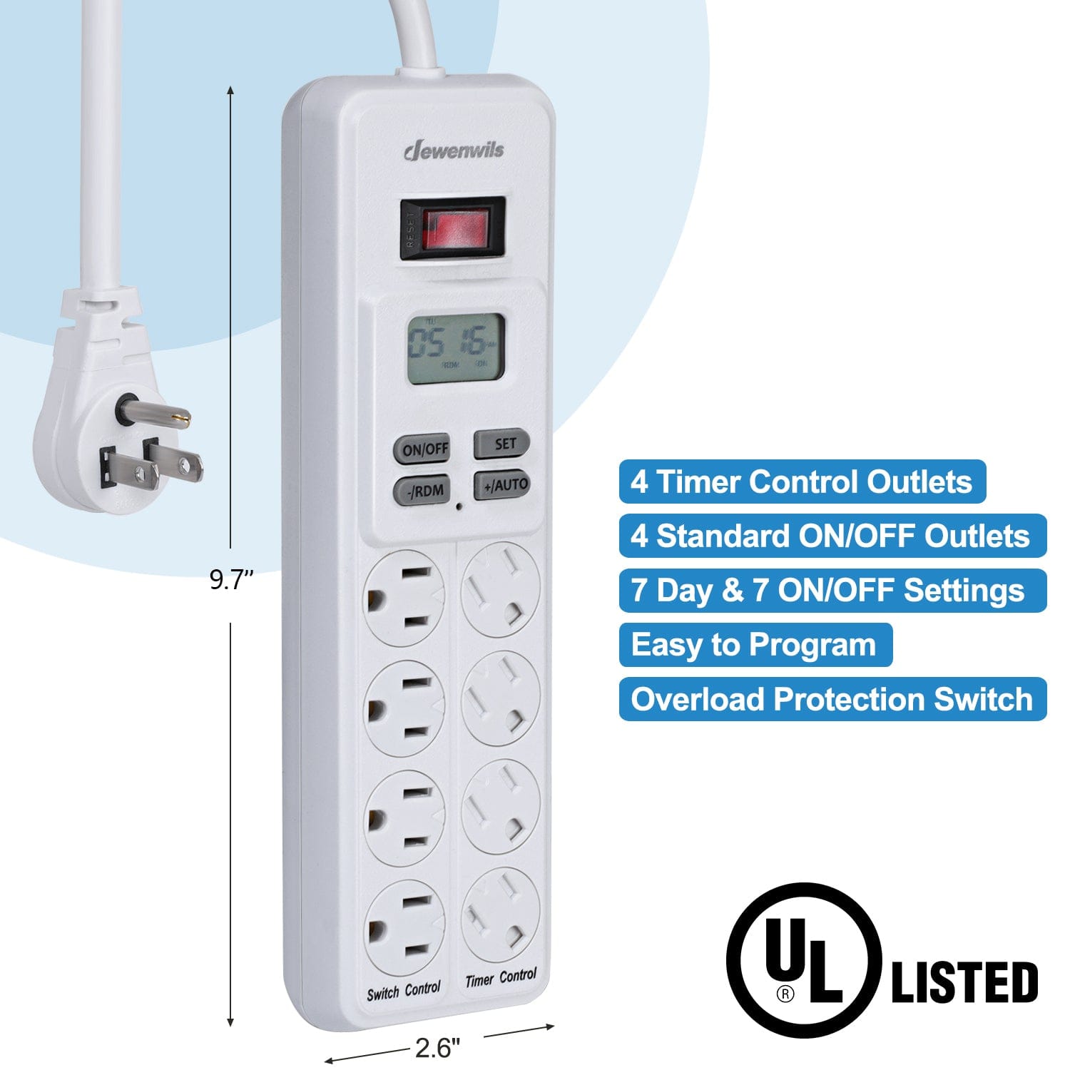 Power Strip with Timer: Offers 4 timer control and 4 standard outlets, 7-day scheduling, easy programming, and built-in overload protection