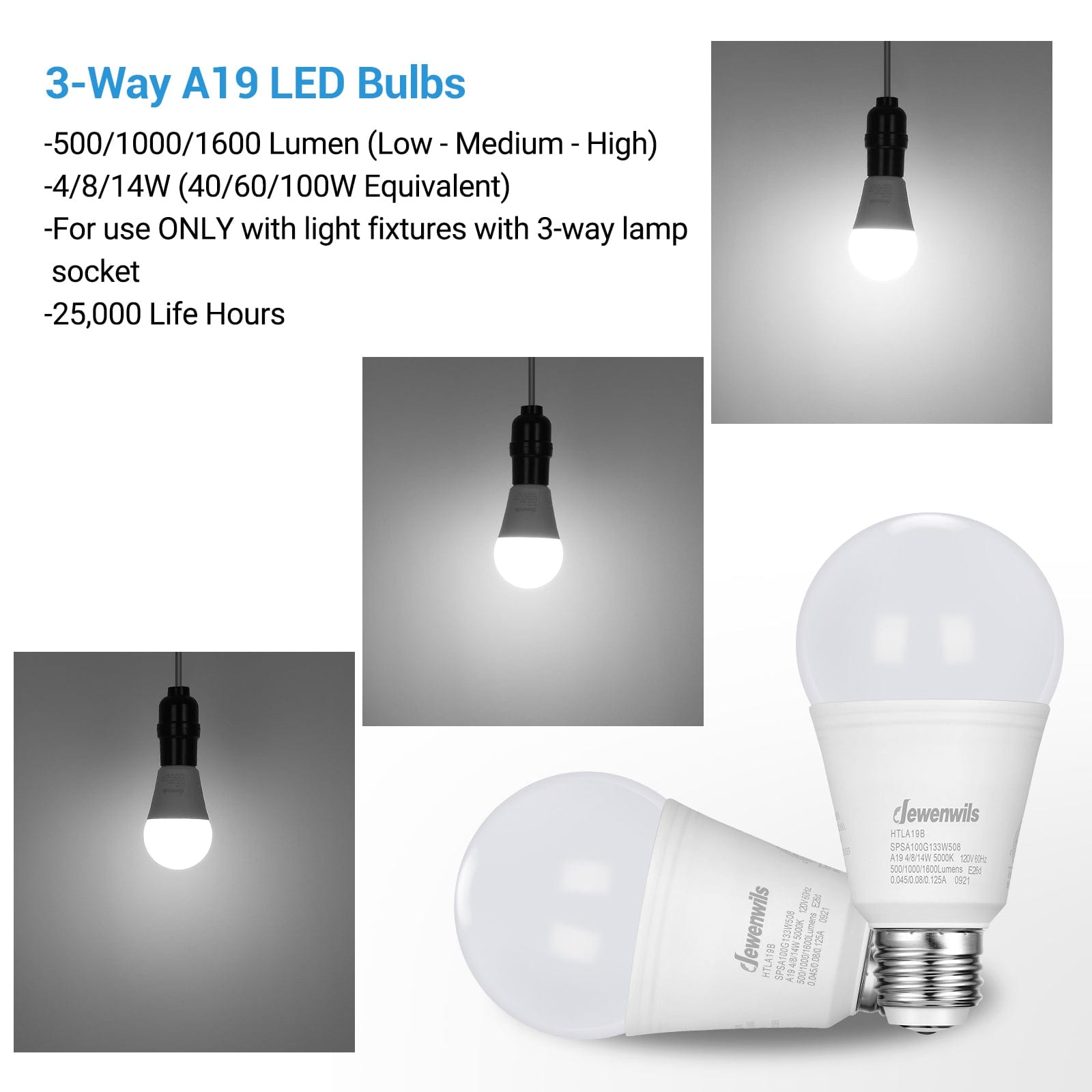 DEWENWILS 3-Way LED Light Bulbs, 40/60/100W Equivalent, A19 LED Bulbs, 5000K Daylight White Glow, E26 Medium Base, 500/1000/1600LM Bright Light Bulbs, Non-dimmable (4-Pack)-HTLA19B