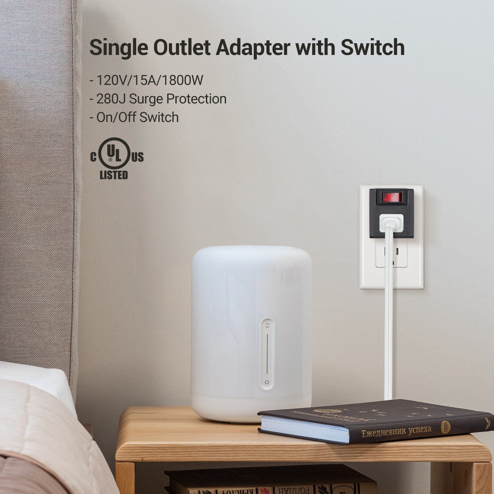 3 Prong Electrical Plug Outlet Switch: single outlet adapter with on/off switch, 120V/15A/1800W rating, and 280J surge protection for safe, controlled power use