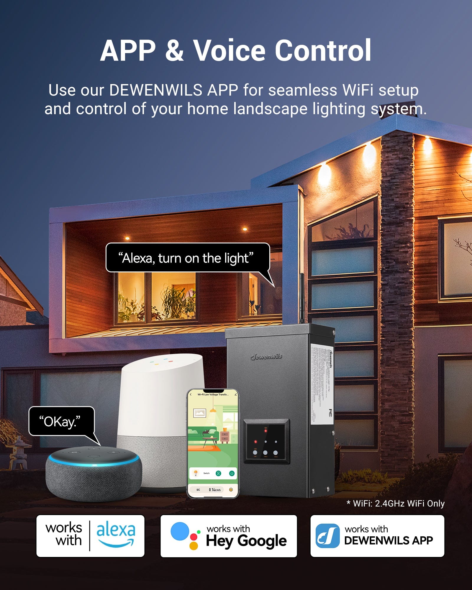 DEWENWILS 300W Low Voltage Transformer with APP and voice control, use DEWENWILS APP or Alexa and Google Home for seamless landscape lighting management