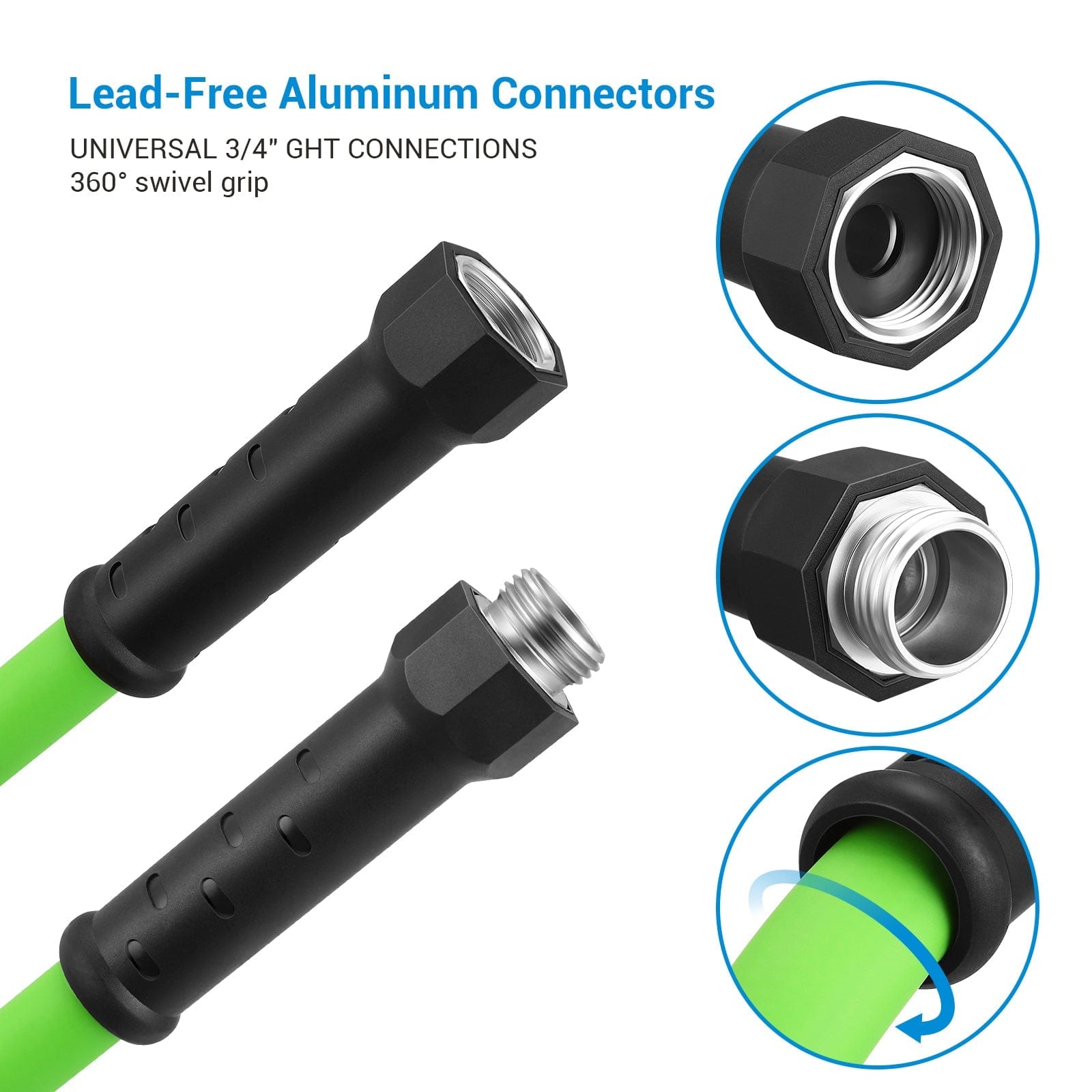 100ft Garden Hose: lead-free aluminum connectors with universal 3/4" GHT fittings and 360° swivel grip for twist-free connection