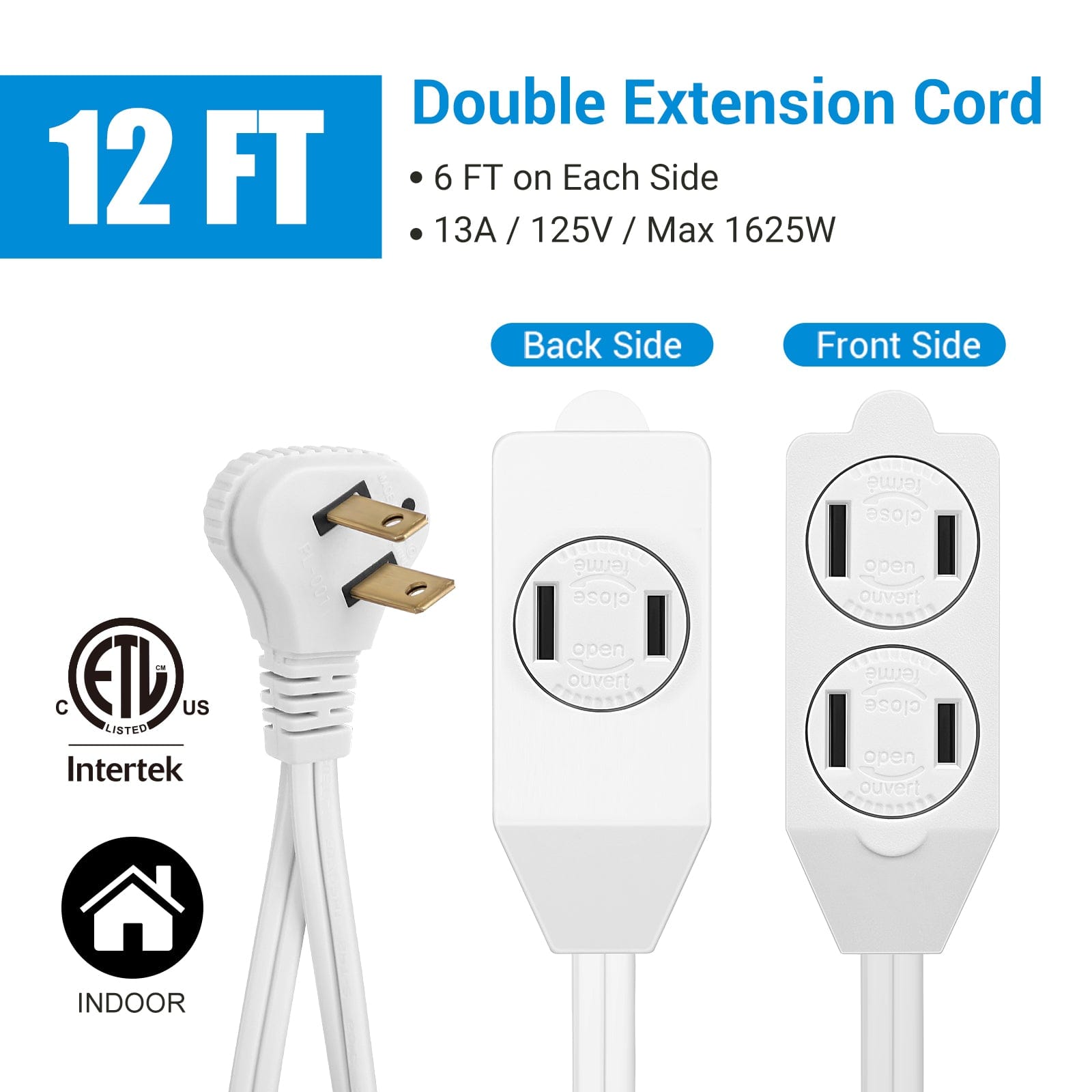 DEWENWILS 12ft Indoor Twin Extension Cord , Flat, Split Double Extension Cord, 6 Polarized Outlets with Safety Cover (2 Pack)-HICW62B