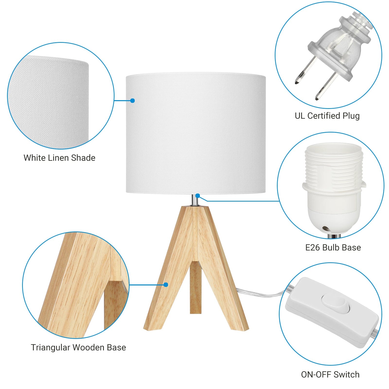 DEWENWILS 14.2 inches Table Lamp, Wooden Tripod Table Lamp with White Linen Fabric Shade, 2 Pack Table Lamp for Living Room, Bedroom, Side Table, Nursery, Office-HLTL05J