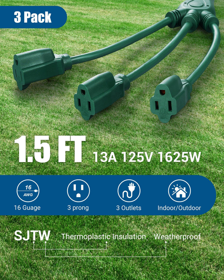 DEWENWILS Extension Cord Splitter 1 to 3, 16/3 Heavy Duty SJTW Wire, 3