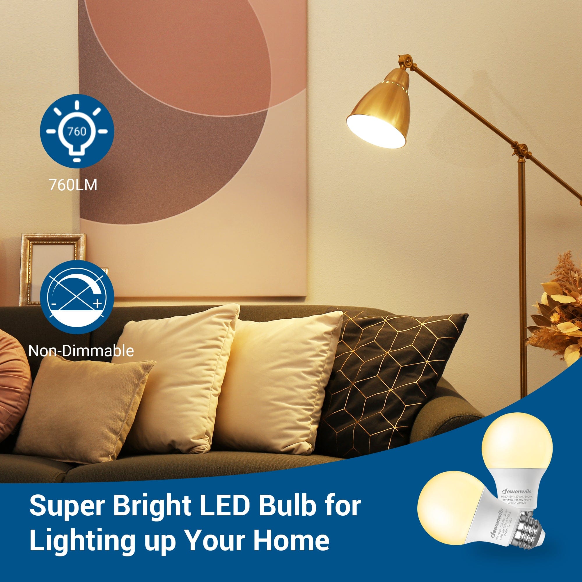 DEWENWILS 8-Pack A19 LED Light Bulb, 760LM, 3000K Soft Warm Light Bulb, Energy Saving 9W(60W Equivalent) LED Bulb, E26 Medium Screw Base, Non Dimmable-HNLA19K