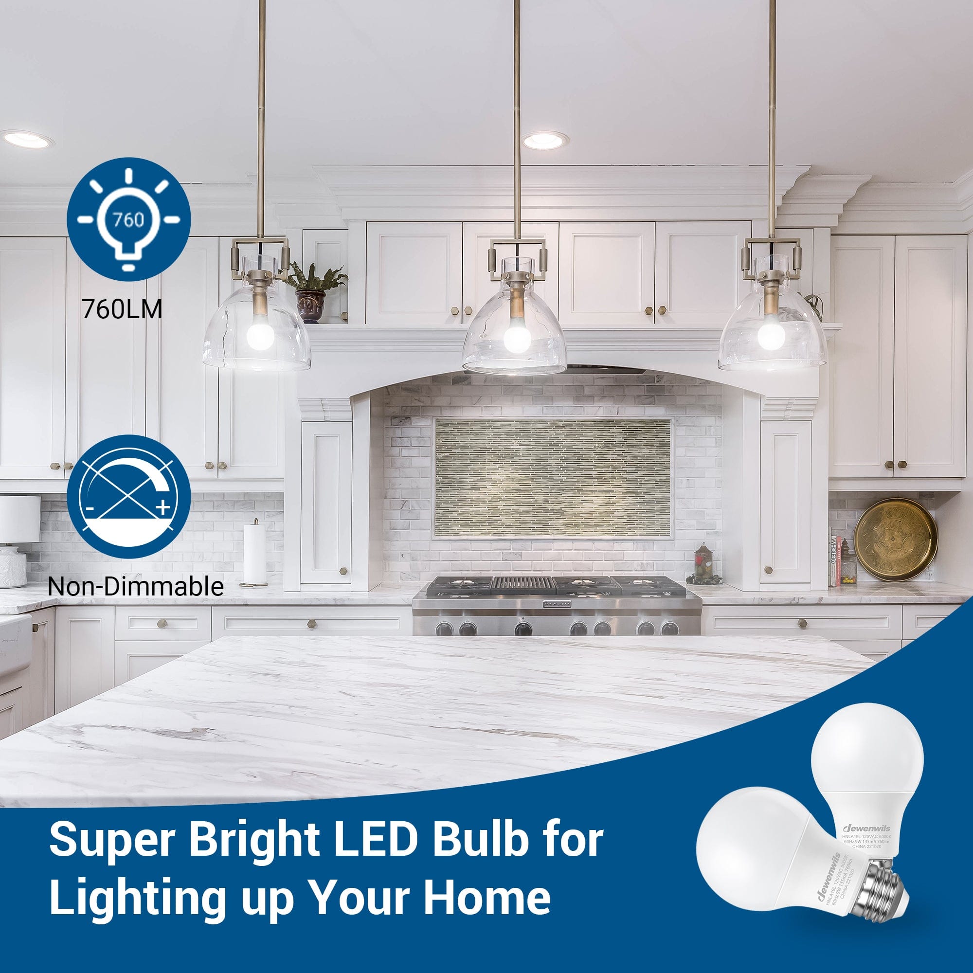 DEWENWILS 8-Pack A19 LED Light Bulb, 760LM, 5000K Daylight LED Light Bulbs, 9 Watt(60 Watt Equivalent), E26 Medium Screw Base, Non Dimmable-HNLA19L