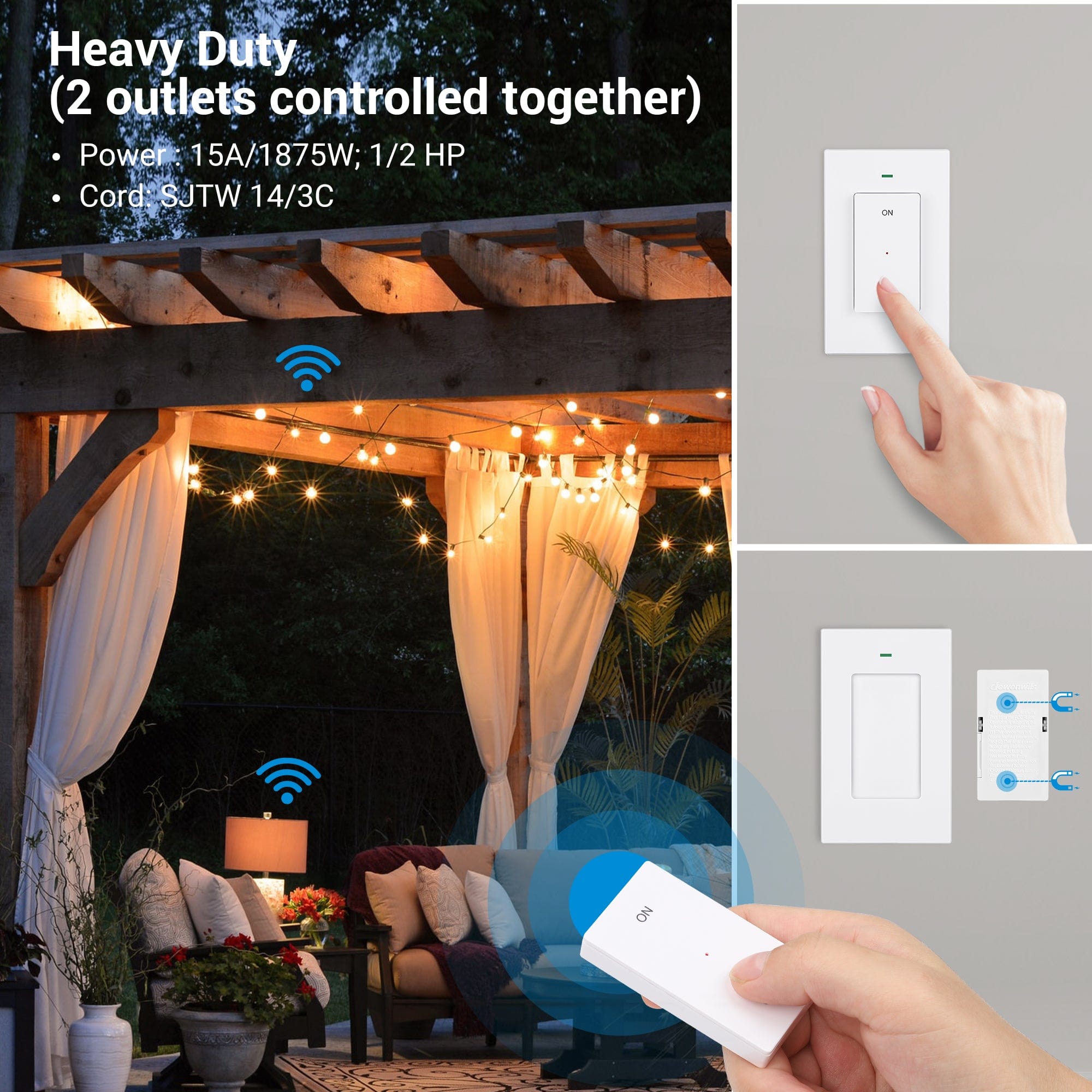 DEWENWILS Outdoor Wireless Remote Control Dual 3-Prong Outlet Weatherproof, Expandable Indoor Electrical Power Strip with Wall/Portable Light Switch, 15A, 7-inch Cord 100FT Range, ETL Listed-SHORS11C