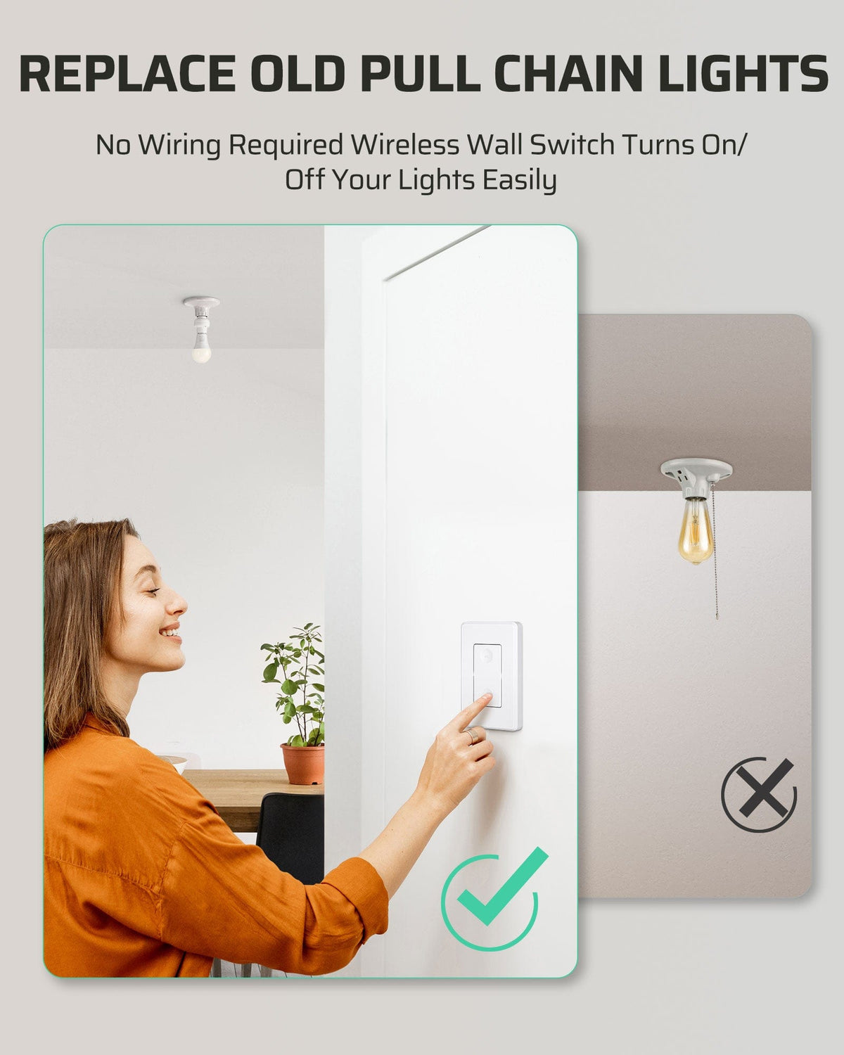 Remote Control Light Socket: replace old pull-chain lights with no wiring required, wireless wall switch lets you turn lights on and off easily
