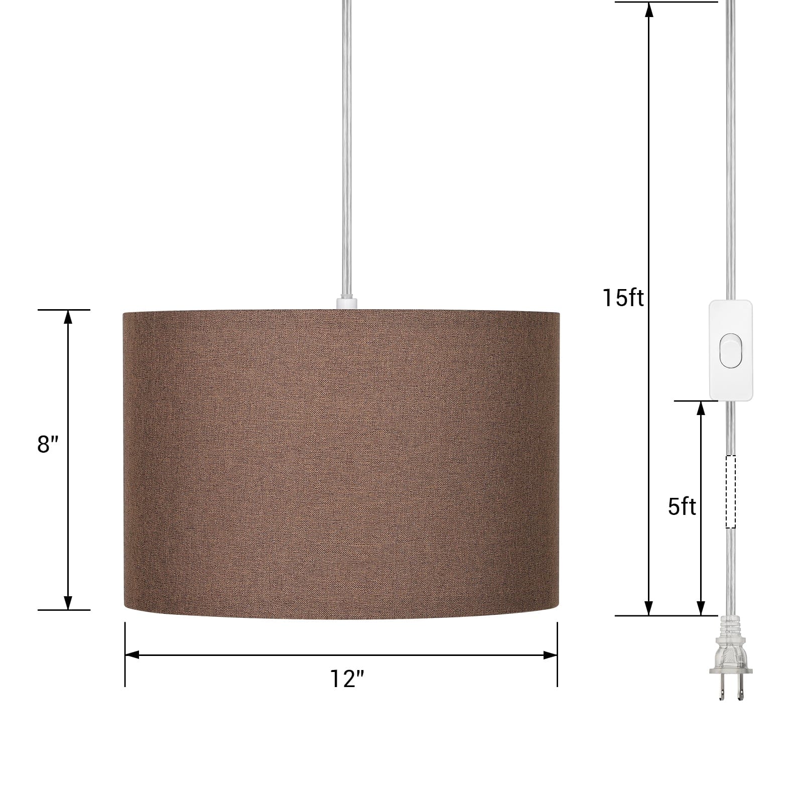 DEWENWILS Plug in Pendant Light, Hanging Lamp with 15Ft Clear Cord, On/Off Switch, Fabric Lamp Shade, Hanging Light Fixture for Bedroom, Kitchen, Living Room, Dining Table-WHPIP09D