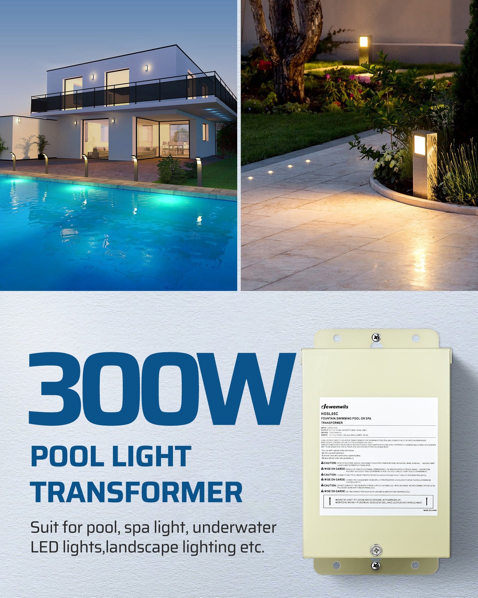DEWENWILS 300W Pool Light Transformer, suitable for pool, spa, underwater LED lights, and landscape lighting